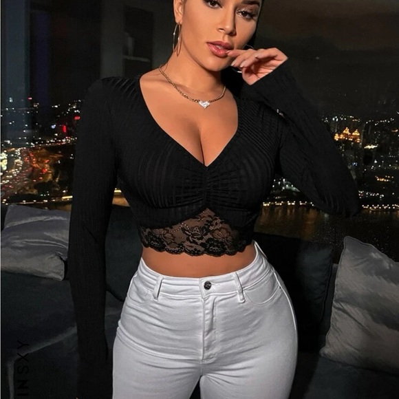 SHEIN | Tops | Shein Black Long Sleeved Lace Crop Top | Poshmark